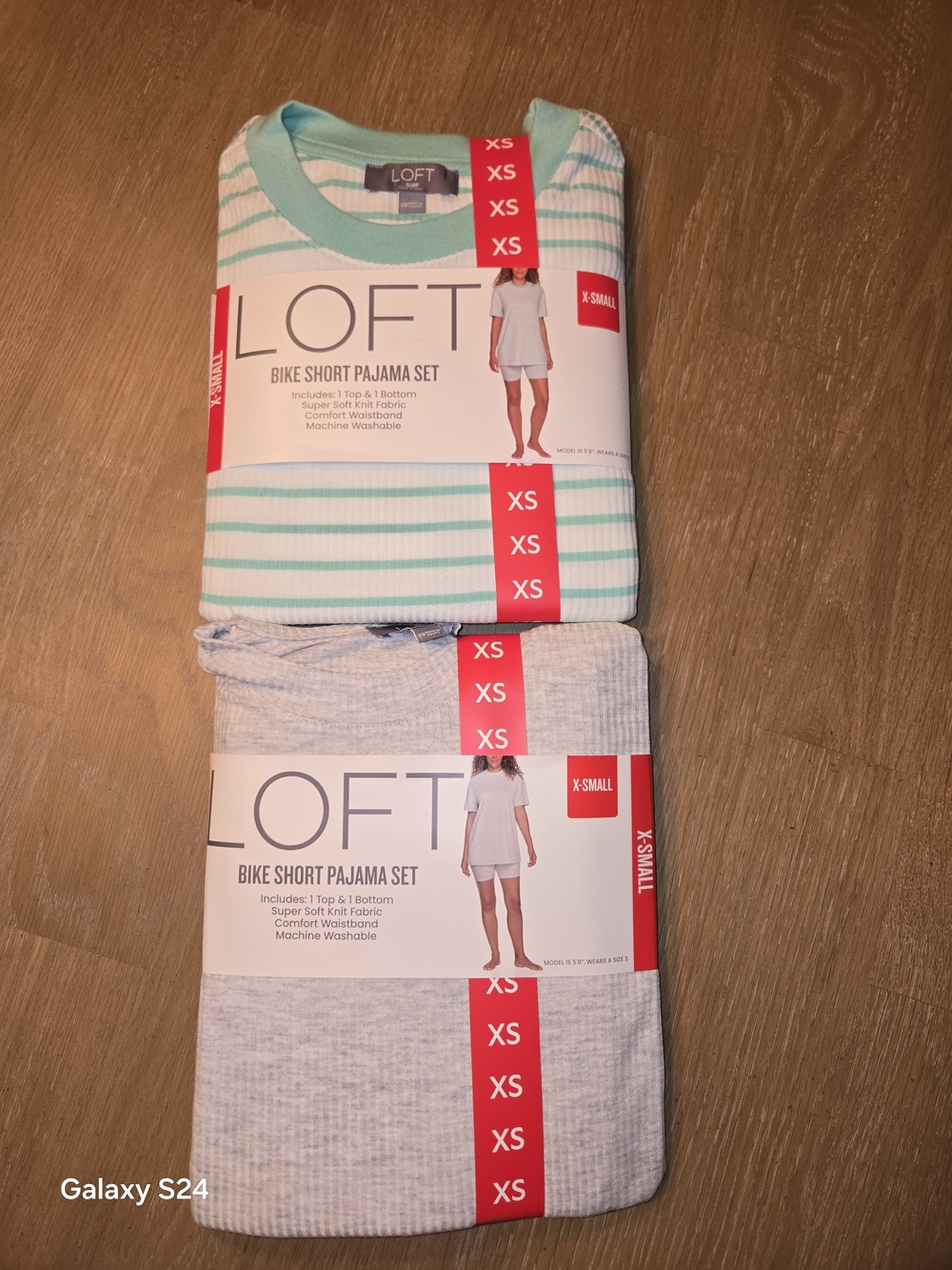 LOFT Bike Short Pajama Sets in Mint Stripe and Light Gray Womens XS New